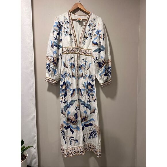 FARM Rio Women's White Blue Mystic Lotus Print Linen Blend Maxi Dress Small NWOT - Picture 9 of 16